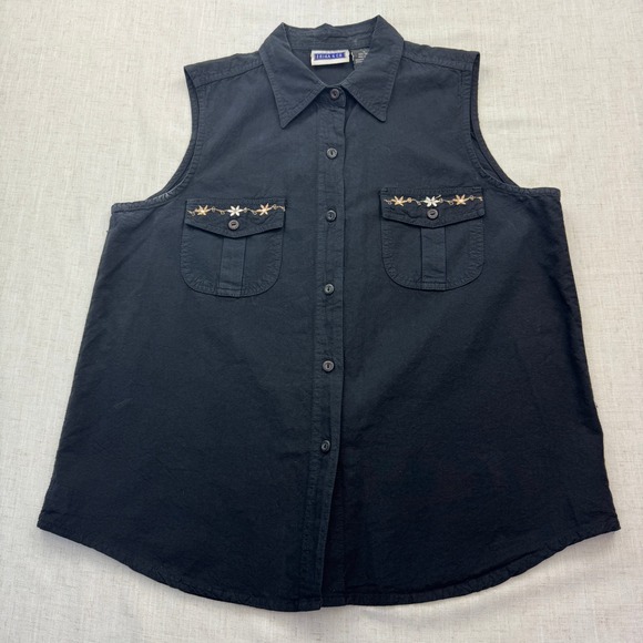 Erika & Co. Tops - Erika & Co Sleeveless Button Down Women LG Black Floral Embroidered Cotton Top